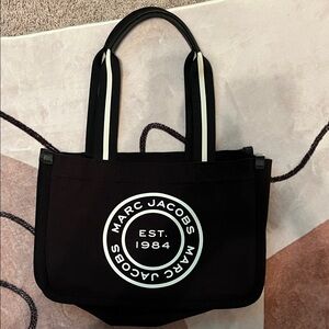 Marc Jacobs Black Tote with White Logo and Stripe Handles